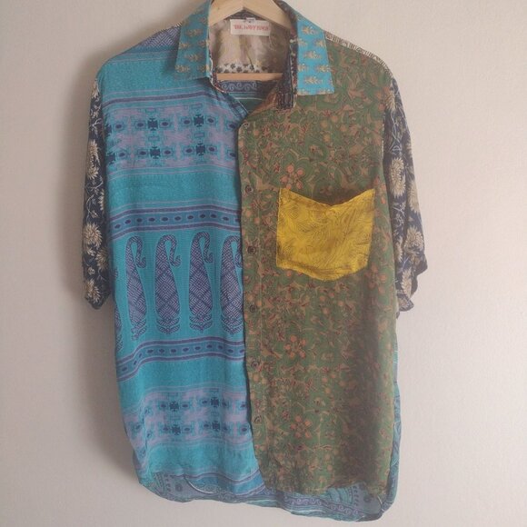 The Wavy Bunch Mens Patchwork Shirt L Festival Slim Fit Silky Upcycled Shirt - Picture 1 of 9